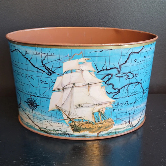 Vintage metal Nautical OFFICE STORAGE container - old world map ship decor - Picture 1 of 5